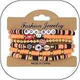 HWJQ 6Pcs Halloween Ghost Beaded Bracelets Stackable Cute Spooky Bat Spider Skull Pumpkin Stretch Bracelet Colorful Clay Seed Bead Bracelets for Women