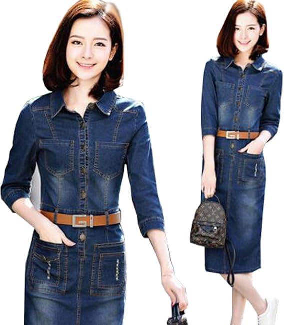 Amazon Co Jp Gudeke レディース デニム ワンピース チュニック ひざ丈 大きいサイズ Aライン ロングスカート ベルト付き 細身 ファッション エレガント 上品 通勤 服 ファッション小物