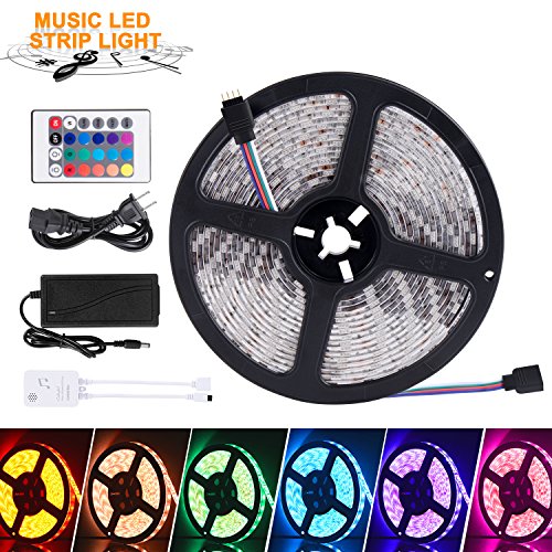 LED Strip Lights, 16.4ft/5m Sync to Music Color Changing Light Strip Kit with Remote Control for Home, Bedroom, TV, Ceiling Decoration, Bright 5050 LEDs, Cutting and Waterproof Design DC 12V