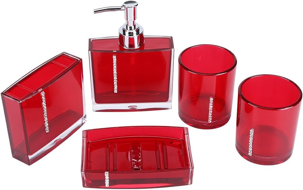 Yosoo 5 Pcs Bathroom Accessory Set Luxury Bath Vanity Set with Toothbrush Holder Containe Tumble Soap Dish Liquid Soap Lotion Pump Dispenser Red