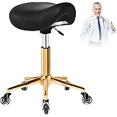 Saddle Stool with Wheels Ergonomic - Thick Wide Saddle Cushion, Healthy Posture No Pain, Easy to Adjust, Smooth Rolling No Creaky Noises, Rolling Swivel Saddle Stool Chair for Salon Massage (Black)