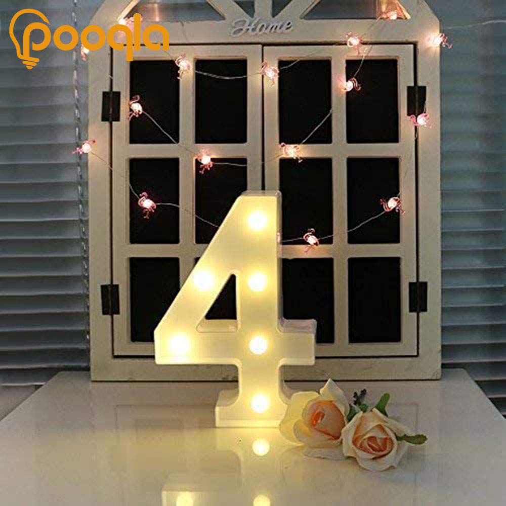 Decorative Led Light Up Number Letters, White Plastic Marquee Number Lights Sign Party Wedding Decor Battery Operated Number (4)
