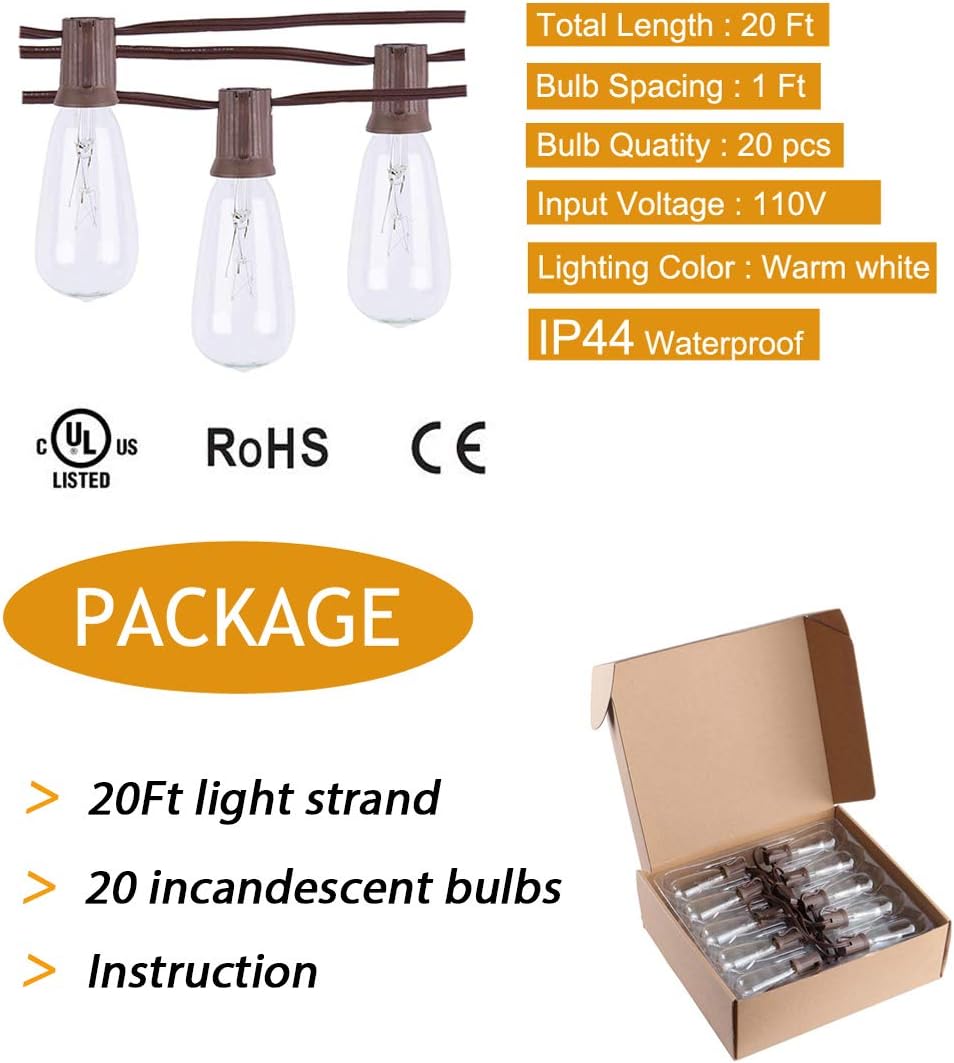 Afirst Outdoor String Lights 20Ft with 20 Edison Bulbs Vintage Bistro String Lights Waterproof Patio String Lights for Garden/Backyard Party/Wedding-Brown Cord: Home Improvement