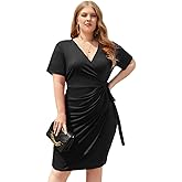 ABEWIP Plus Size Dresses for Curvy Women V-Neck Short Sleeve Bodycon Wrap Cocktail Party Semi Formal Midi Dress