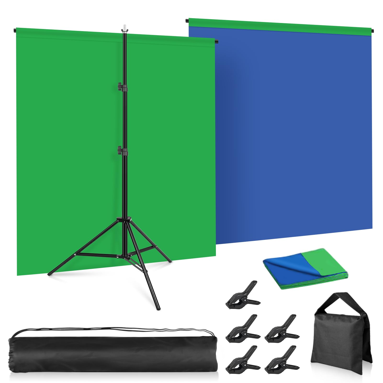 Green Blue Backdrop with Stand, Foccalli 2-in-1 6.5x5ft Blue Green Screen Background Kit for Chroma Key Streaming Gaming Photoshoot with Carrying Bag and 5 Clips