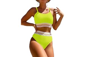 Zuvebamyo Women's High Waisted Swimsuit Two Piece Ribbed Bikini Sets Crop Top High Cut Cheeky Bathing Suits