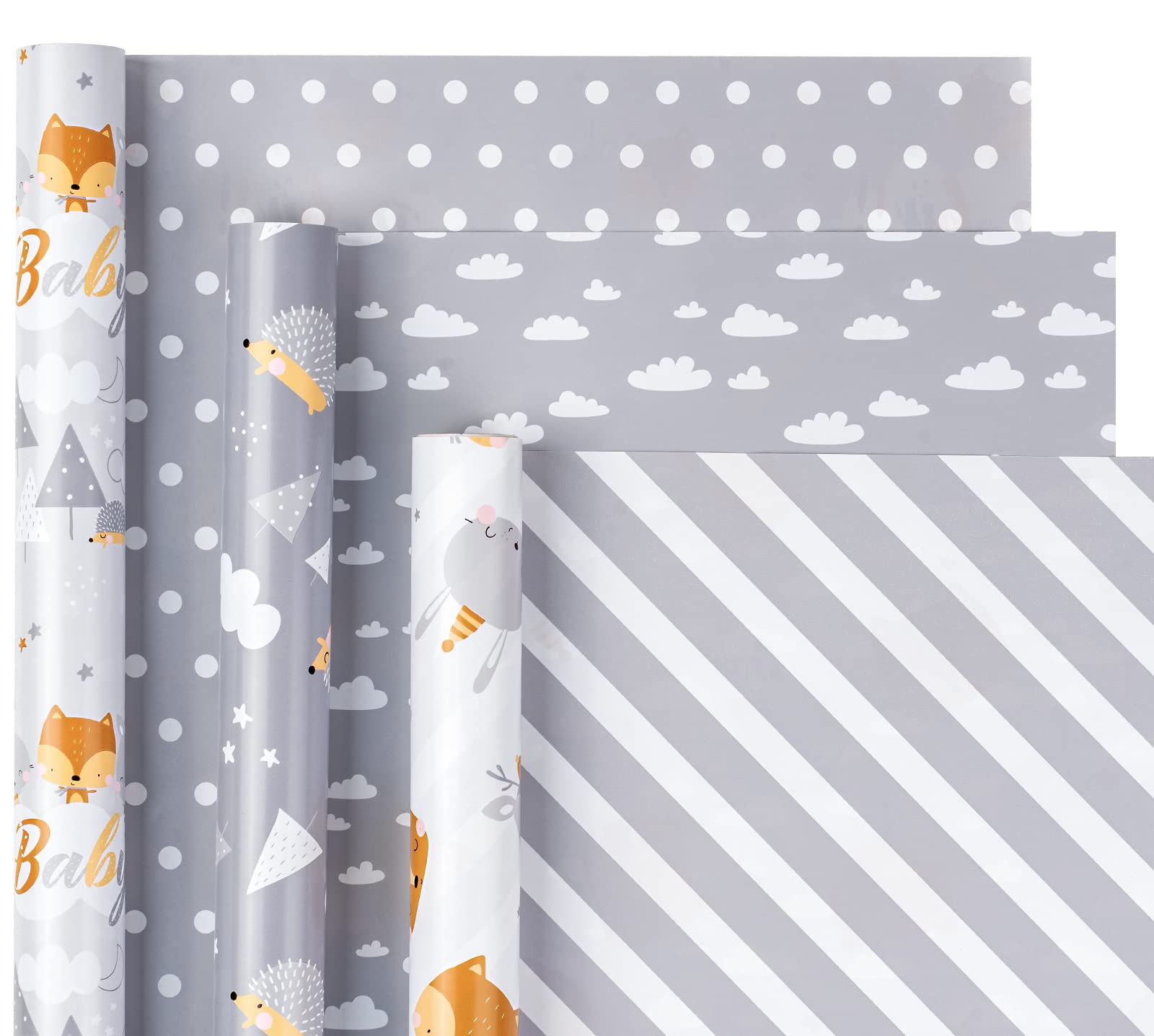 Holijolly Reversible Baby Shower Wrapping Paper Roll - Mini Roll - 3 Rolls - 43.2x305cm Per Roll - Cute Hedgehog, Animals &"Baby" Lettering