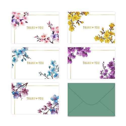 MARBOL Stores Thank You Cards Set - 50 Elegant Japanese Floral Desings with Gold Foil, Stickers, Envelopes - Featuring Sakura (Cherry Blossoms), Perfect for Baby Shower, Wedding, Graduation, and Other Occasions, Grateful Cards