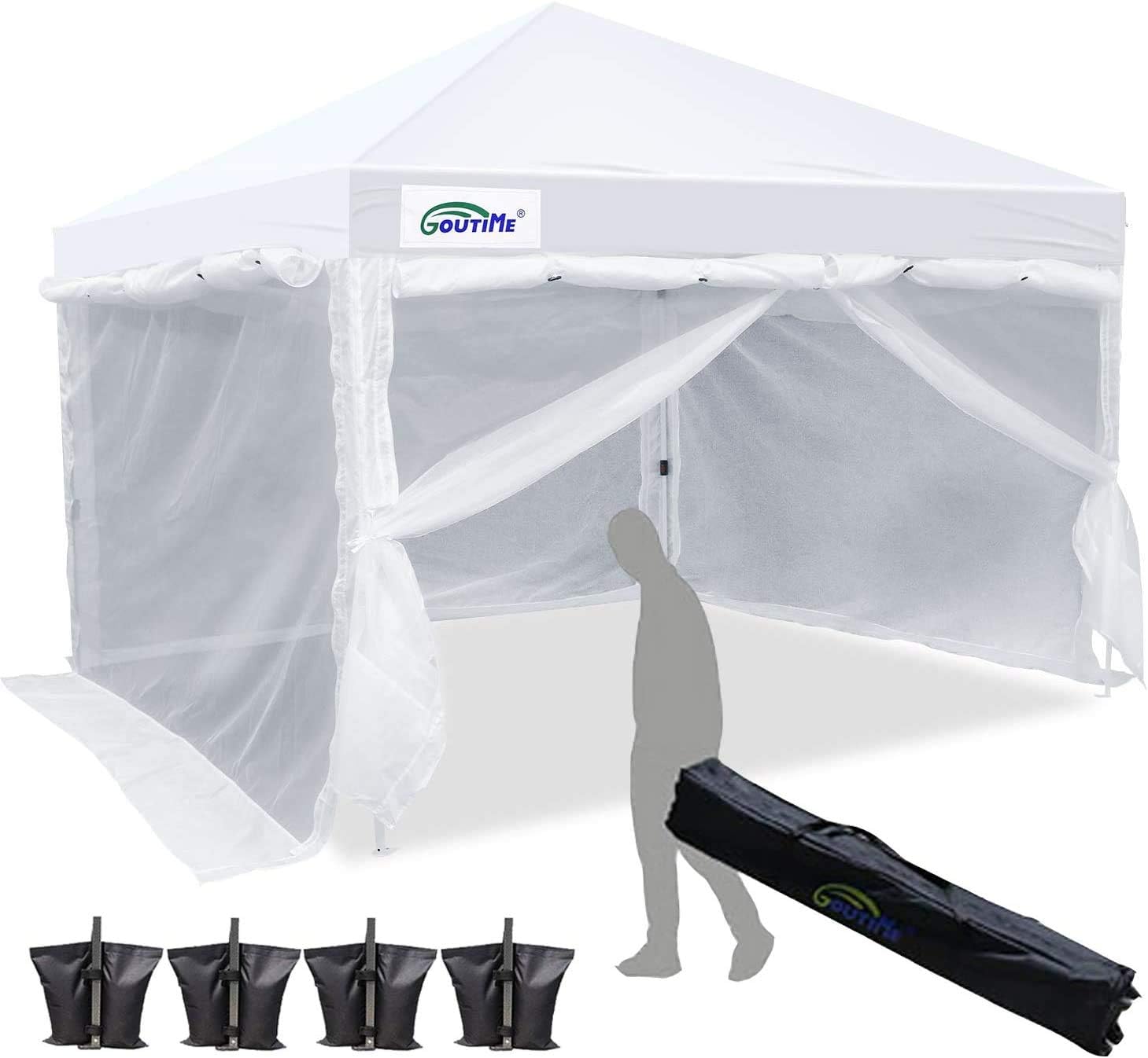 Goutime 10 x 10 Ft Ez Pop Up Canopy Tent with White Mesh Side Walls, Outdoor Screen House Room with Wheeled Carry Bag,Bonus 4 Canopy Sand Bags,Suitable for All Seasons