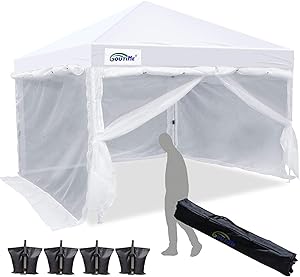 Goutime 10 x 10 Ft Ez Pop Up Canopy Tent with White Mesh Side Walls, Outdoor Screen House Room with Wheeled Carry Bag,Bonus 4 Canopy Sand Bags,Suitable for All Seasons