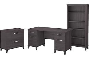 BUSH BUSINESS FURNITURE Bush Furniture Somerset 60W Office Desk with Lateral File Cabinet and 5 Shelf Bookcase in Storm Gray