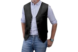 SOLOVEDRESS Men's Summer Leisure Cotton Linen Suit Vest Dress V Neck Waistcoat for Party and Beach