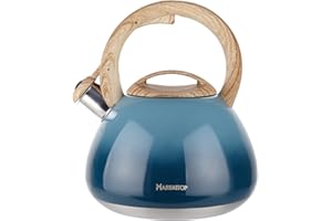 Whistling Tea Kettle for Stove Top Stainless Steel Tea Kettle Small Tea Pots 2.6 Quart with Wood Pattern Anti-Hot Handle (Blu