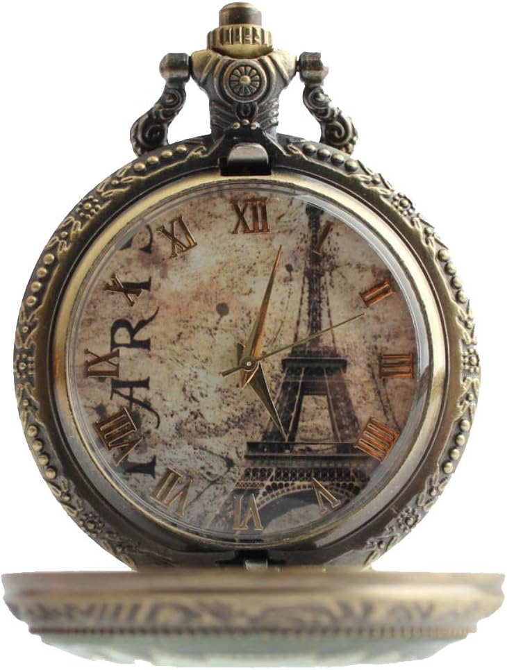 Men's Novelty lekima Roman Retro Pocket Watch Necklace Pendant Romantic Elegant Eiffel Tower Figure Alloy Quartz Pocket Watch Gift