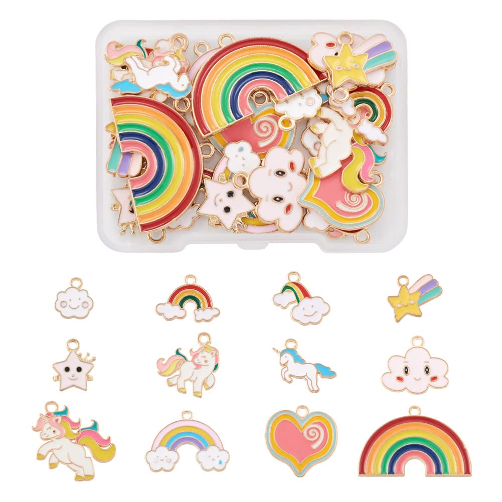 Cheriswelry 24Pcs Rainbow Enamel Charms Cute Cartoon Unicorn Charms Gold Plated Heart Cloud Star Enamel Dangle Charms Pendants for DIY Jewelry Making