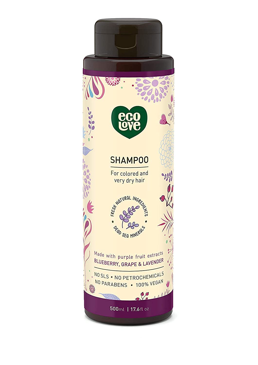 100% Vegan Shampoo by ecoLove | 17.6 oz. | Organic blueberry, grape & lavender For colored and very dry hair