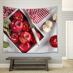 Red Apples on White Wooden Table Top View - Fabric Wall Tapestry Home Decor - 51x60 inches