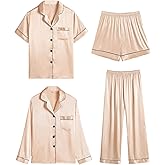 SWOMOG Women 4Pcs Silk Pajamas Set Button Down Sleepwear Loungewear Pj Sets for Ladies Nightwear
