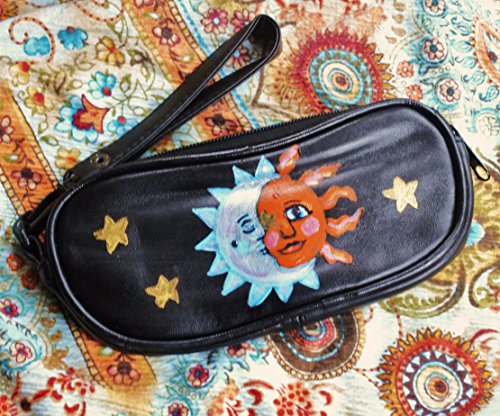 Boho Sun Moon Stars Black Leather Wristlet Eyeglass Sunglass Case Bohemian Accessories for Women