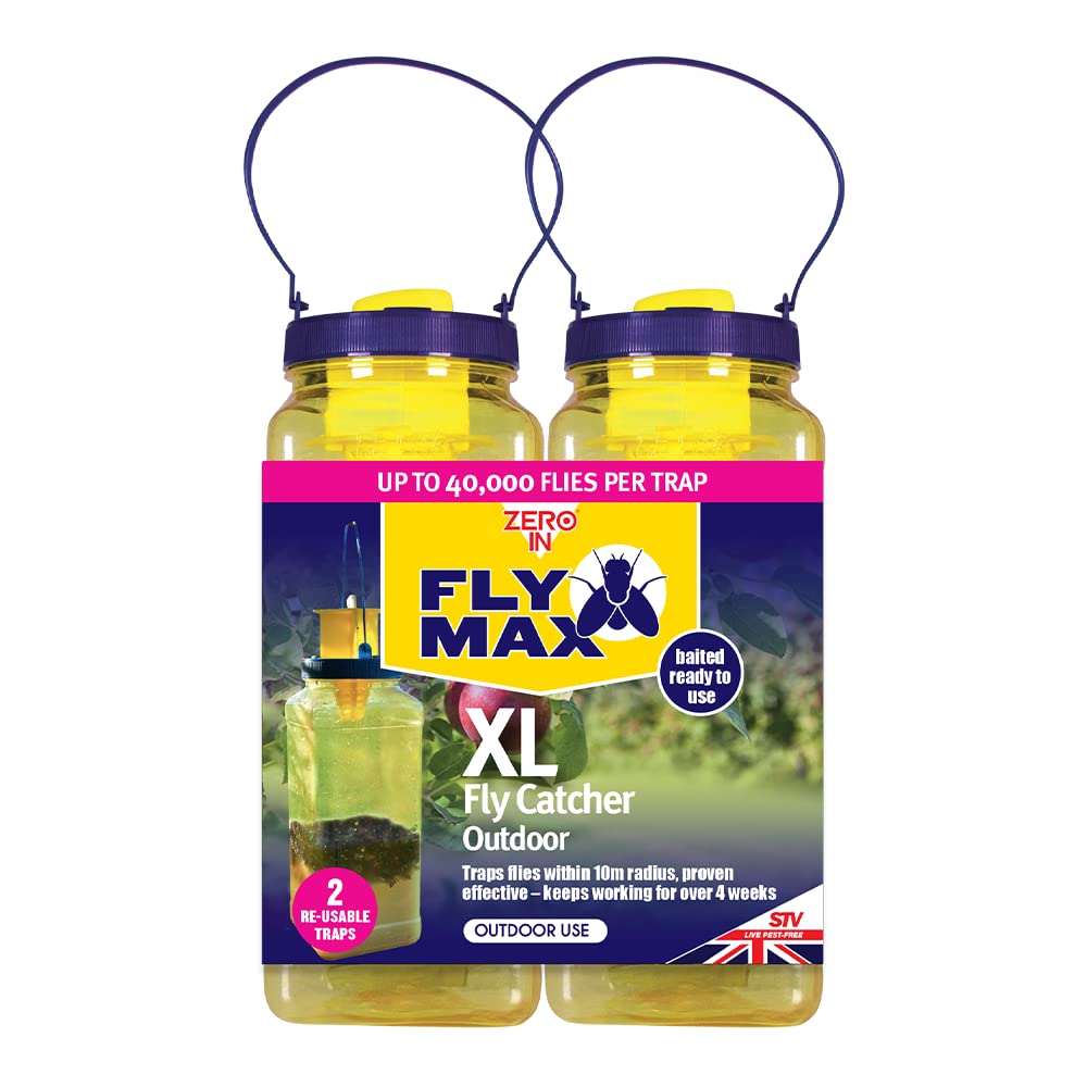 Zero In Fly Max XL Fly Catcher - Twinpack, Effective Flytrap, Refillable Insect Attractant for Outdoor Use, Covers up to 10m Radius