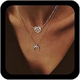 Andelaisi Boho Layered Heart Necklace Choker Vintage Crescent Moon Necklace Chain Silver Filigree Heart Necklaces Half Moon Necklaces for Women