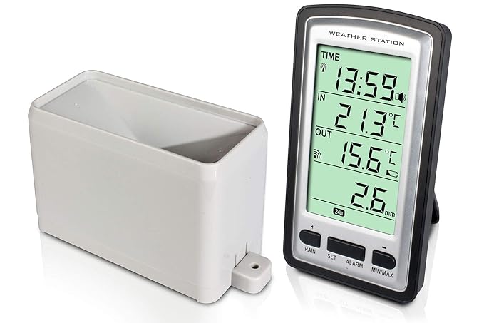 Alecto WS-1200 Funk Wetterstation mit digitalem Regenmesser, Innen- und Außentemperaturanzeige und DCF-gesteuerter Uhr. Der N