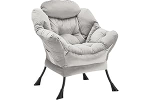 Youtanic Lazy Chair Thick Padded, Accent Chair Velvet Upholstered with Wide Seat, Stable Metal Frame and Non-Slip Pad, Modern Sofa Armchair with Side Storage Bag for Dorm, Room, Office, Light Gray