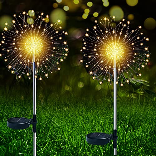 ZVO Solar Garden Outdoor Lights 2 Packs 150 LED Solar Firework Lights Decor String Lamps Waterproof Stake Lights for Home Garden Pathway Lawn Wedding Party(Warm White)