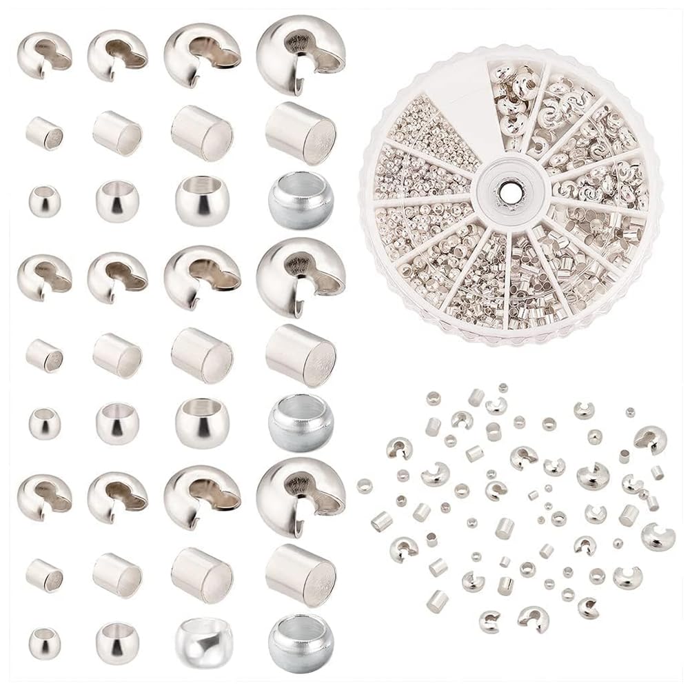 PH PandaHall 1640pcs 1.5~3mm Brass Tube Crimp Beads 3~5mm Crimp Bead Knot Covers 1.2~3mm Crimps Stopper Knot Covers Crimping Beads for Earrings Bracelets Necklaces Jewellery DIY Craft Making, Silver
