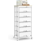 Rolling Storage Cart with 6 Drawers and Wooden Tabletop, Lockable Wheels Utility Cart for Art Studios, Office Supplies & Craft Room Organization (White)