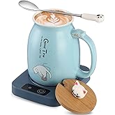 Reallnaive Coffee Cup Warmer with Cat Mug for Women Ceramic Cat Mug Electric Coffee Mug Heater Cute Cat Smart Tea Beverage Cup Warmer for Cat Lovers Christmas New Year Birthday Gift (Blue)