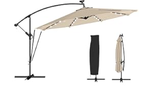 Outsunny 11.3 ft Cantilever Patio Umbrella with Solar LED Light, Cover, Aluminium Offset Hanging Outdoor Umbrella Parasol wit