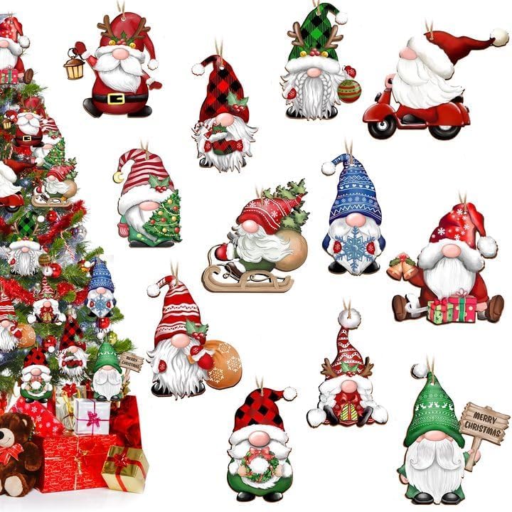 24pc Christmas Decorations Christmas Gnome Wooden Hanging Ornaments Christmas Tree Decorations,Wood Hanging Decor For Xmas Tree Decorations Gnome Elf Party Supplies (24PCS(Single Sided))
