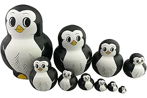 Winterworm Cute Lovely Mini Animal Nesting Dolls Matryoshka Doll Russian Doll Set 10 Pieces Wooden Handmade Kids Toy Gift Home Decoration (Penguin).