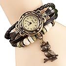 JQUEEN Owl Charms Weave Wrap Around Leather Bracelet Women Wrist Quartz Watch,Black