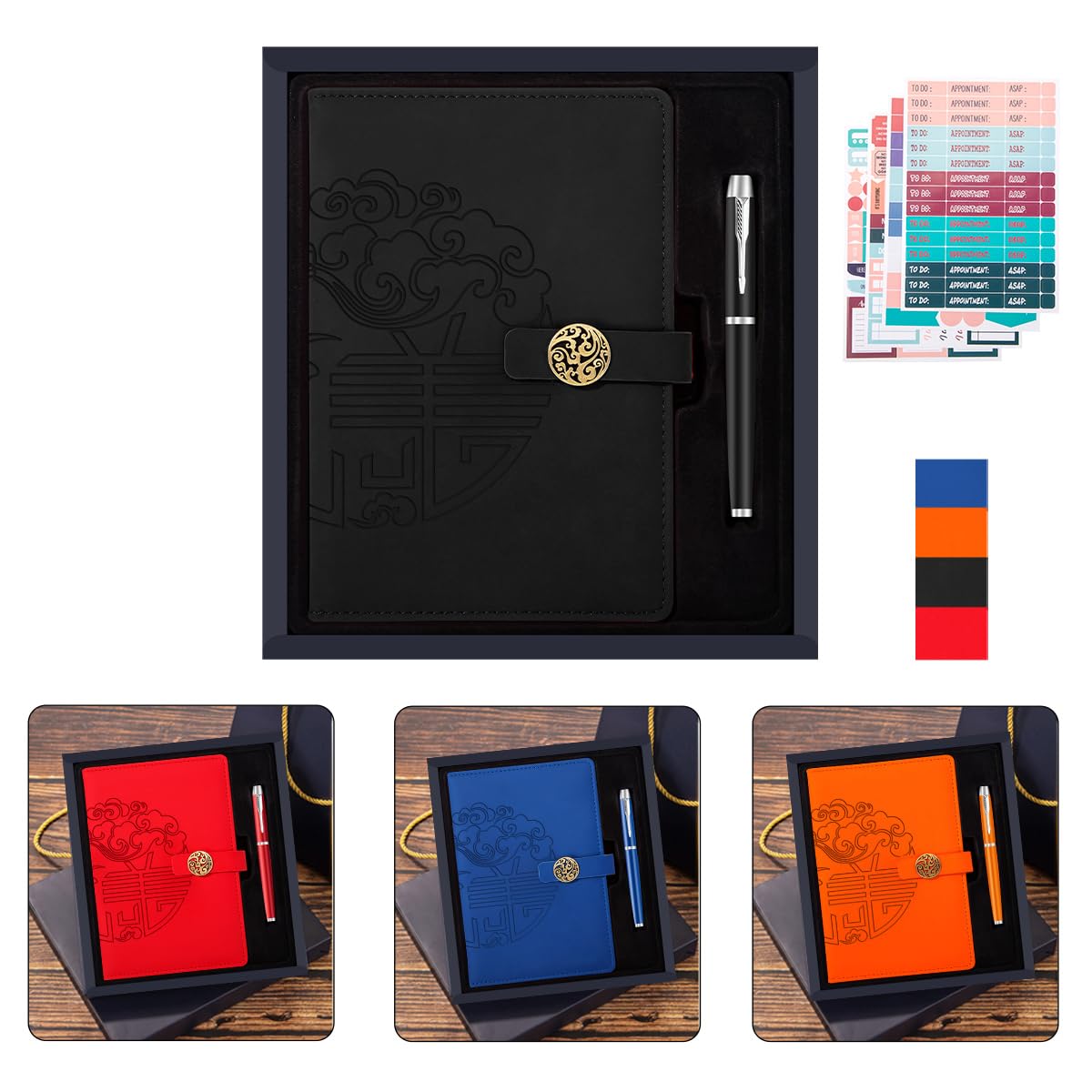 ZMHQLPDZ A5 Leather Journal Notebooks- Magnetic Buckle Notebook with Metal Pens & Gift Box & 4 sheet Label Stickers for Work, Study, Journaling (BLACK)