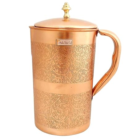 Prisha India Craft Embossed Design Pure Copper Water Jug Pitcher, Drinkware Set, 1500 ML