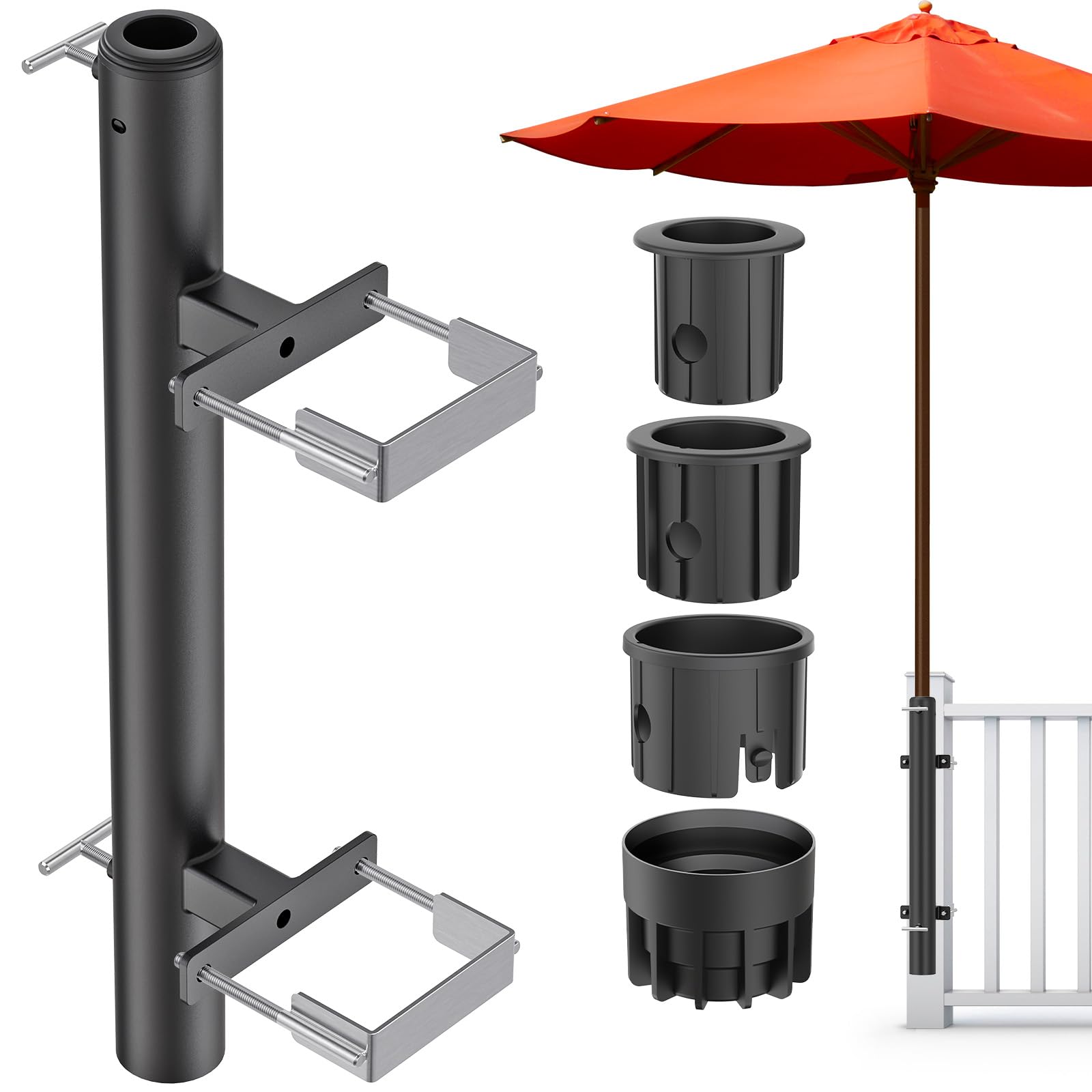 Dolibest Sonnenschirmhalter Balkongeländer, Terrassenschirm Rohrklemme Verstellbar Ampelschirm Klammer Platzsparend Ständer Halterung 3 Reduzierhülse für 3-5cm Stange, 10.6x10.4cm Deckgeländer/Schwarz