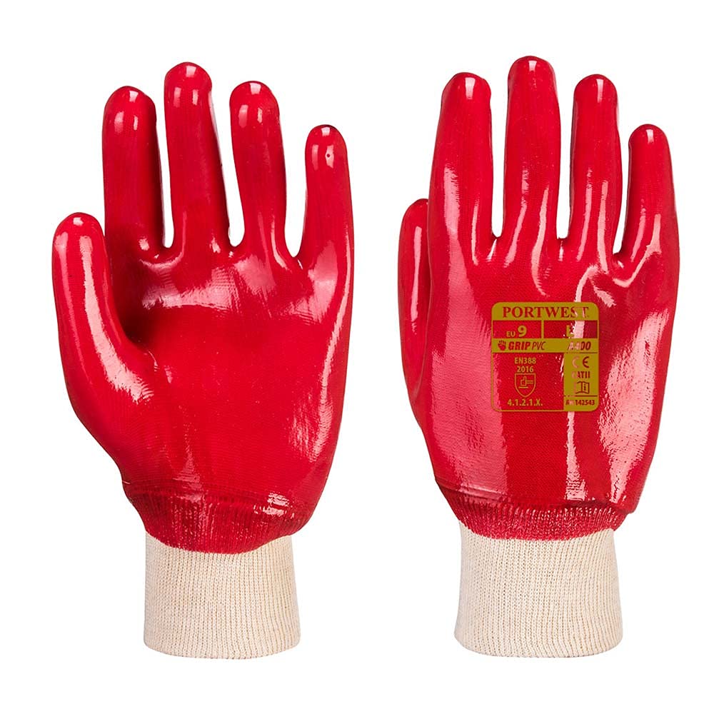 Portwest A400 Dipped Workwear PVC Knitwrist Glove Red, Large
