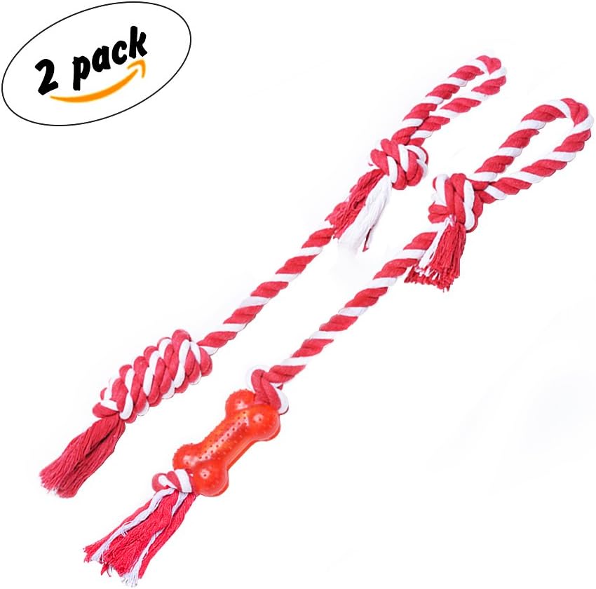 LEPPI Tug of War Dog Toy Cotton Rope and Rubber Bone Set with Handle 2-Pack - Red