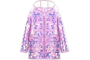 WELAKEN Girls Sequin Raincoat Waterproof Reusable Hooded Outwear Rain Jacket with Lining