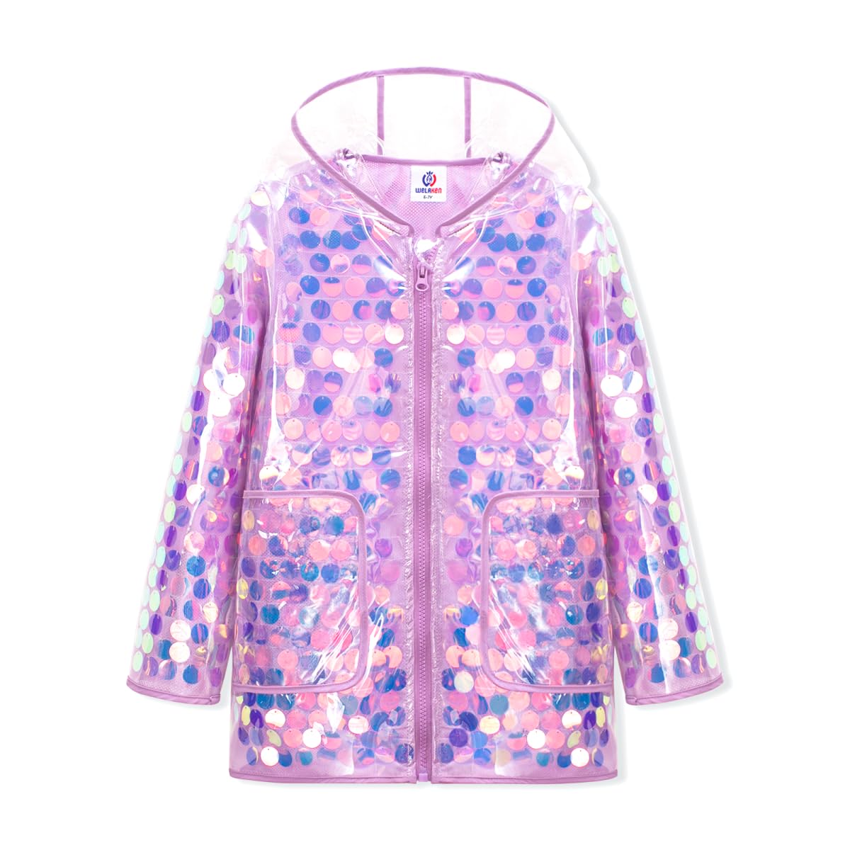 Photo 1 of WELAKEN Girls Sequin Raincoat Waterproof Reusable Hooded Outwear Rain Jacket with Lining,purple,3T