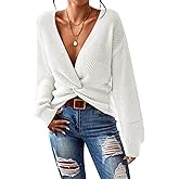 Pink Queen Women's 2025 Casual Pullover Sweaters Sexy V Neck Long Sleeve Twist Knot Cropped Knit Sweater Tops