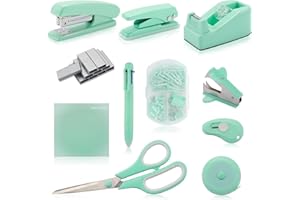 KOGCMEETL Green Desk Accessory Kit Cute Office Supplies Set Desktop Stapler Set Includes Staple Remover Hole Punch Tape Dispenser Ballpoint Pen Scissor Mini Box Cutter Tape Measure Paper Clips Sticky Notes