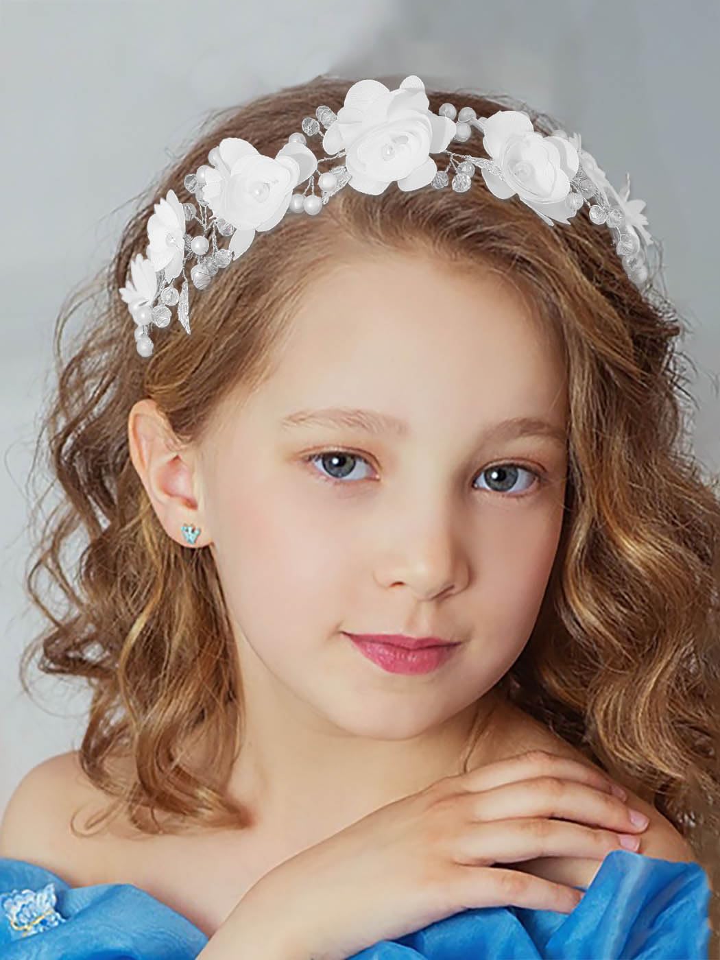 IYOU Flower Girl Headpiece Floral White Headbands Pearl Wedding Hair Vines Bridal Communion Hair Accessories for Girls