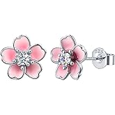 HONGRUI 925 Sterling Silver Pink Cherry Blossom Stud Earrings for Teenage Sakura Flower Hypoallergenic Flatback Earrings For Women Jewelry Gifts