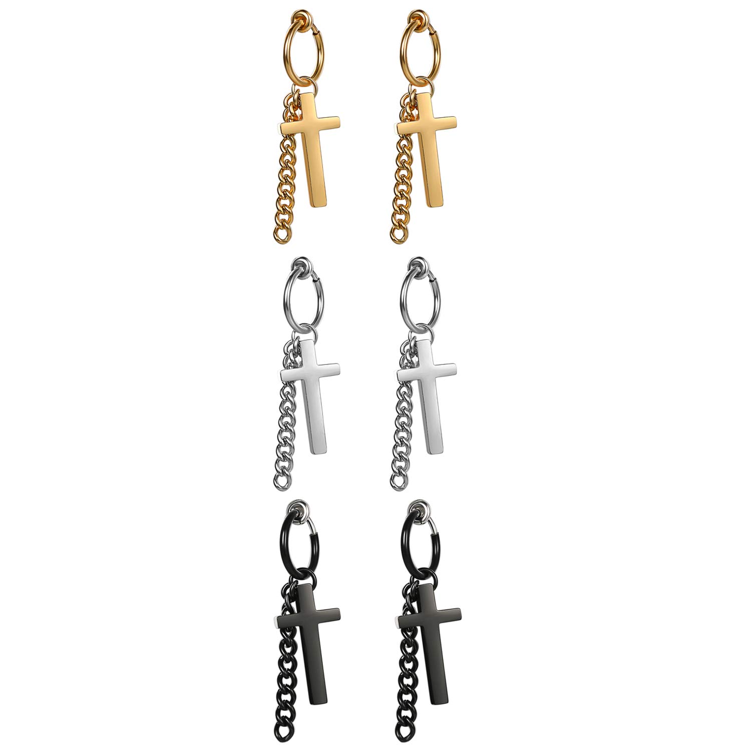 Cupimatch 3 Pairs Cross Dangle Hoop Earrings Set for Men Women, Punk Tassle Chain Clip On Stainless Steel Huggie Hoop Earrings Jewelry