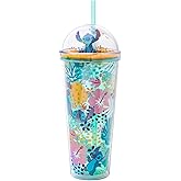 Silver Buffalo Disney Lilo and Stitch Aloha Tropical Leaves Pattern Dome Glitter Top Travel Tumbler, 24 Ounces