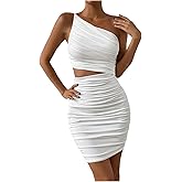 Floerns Women's One Shoulder Cut Out Ruched Dress Asymmetrical Sleeveless Bodycon Mini Dress