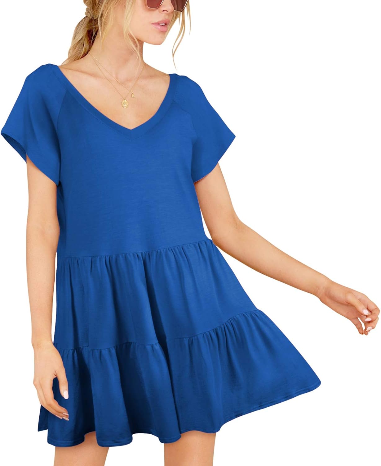 BELONGSCI Women’s Cute Shift Dress Short Sleeve Babydoll Dress V Neck